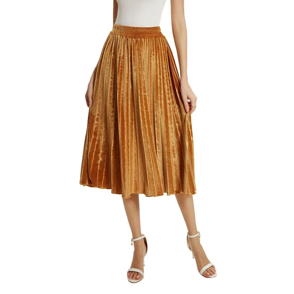 TONCHENGSD Women's Gold Velvet High Waist Flared Skirt Pleated Midi Light L